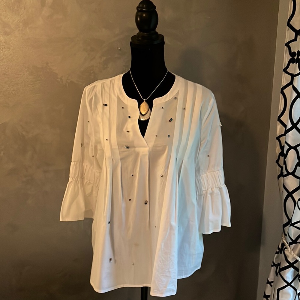 Ana crisp cotton white tunic with bell style sleeves and rhinestones